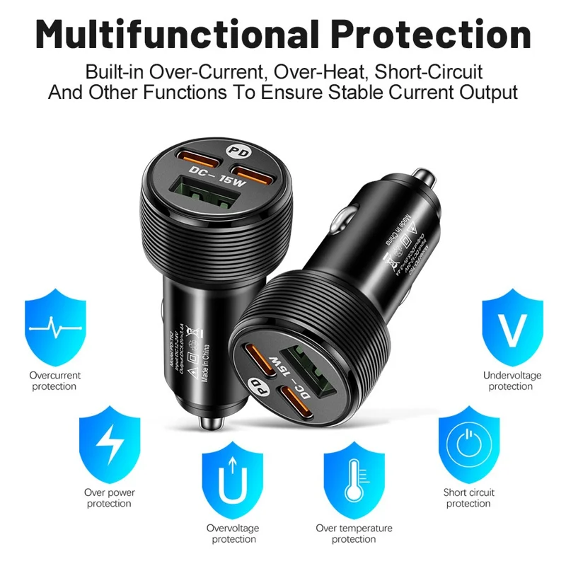 3-Port Car Charger, 1 USB + 2 PD Type-C, 5V / 3A Output, 12-24V Input, Cigarette Lighter Adapter - Black