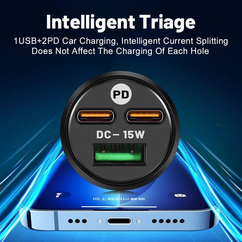 3-Port Car Charger, 1 USB + 2 PD Type-C, 5V / 3A Output, 12-24V Input, Cigarette Lighter Adapter - Black