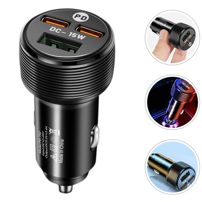 3-Port Car Charger, 1 USB + 2 PD Type-C, 5V / 3A Output, 12-24V Input, Cigarette Lighter Adapter - Black