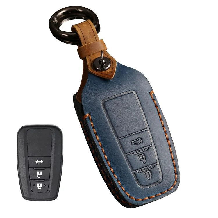 B038 Crazy Horse Cowhide Leder Sleeve 3-Knopf Auto Schlüssel Fernbedienung Cover Schutzhülle für Toyota Corolla RAV4 Camry - Blau