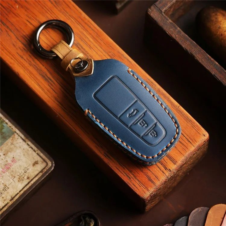 B038 Crazy Horse Cowhide Leder Sleeve 3-Knopf Auto Schlüssel Fernbedienung Cover Schutzhülle für Toyota Corolla RAV4 Camry - Blau