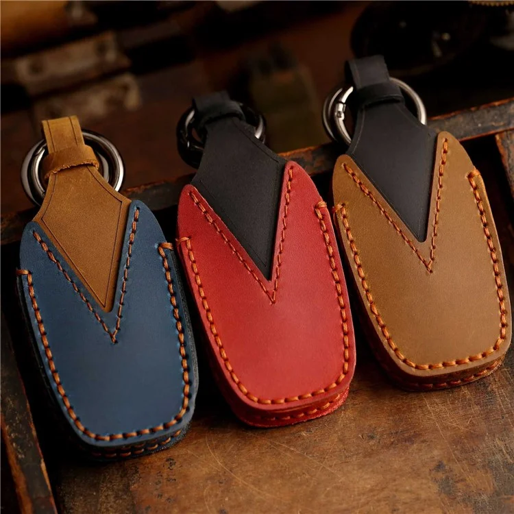 B038 Crazy Horse Cowhide Leder Sleeve 3-Knopf Auto Schlüssel Fernbedienung Cover Schutzhülle für Toyota Corolla RAV4 Camry - Blau