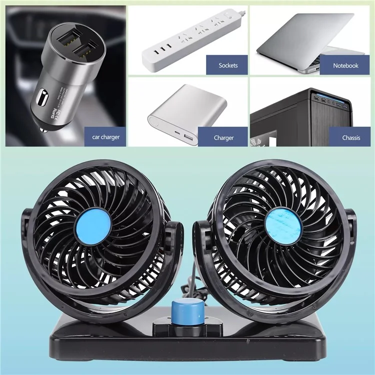 Ventilador de refrigeración para salpicadero de coche USB Eléctrico de Doble Cabezal, Aire Circulador de Fuerte Viento con Rotación de 360 Grados
