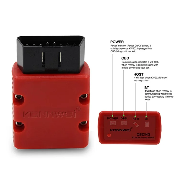 Konnwei KW902 Bluetooth 4.0 5.0 ELM327 OBD2 IOS / Android Dual-Mode Car Fehlerdetektordiagnosevorrichtung - Schwarz