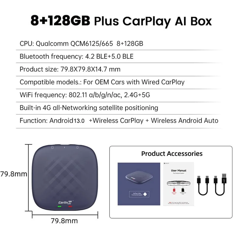 CARLINKIT CPC200-T2C Carplay Ai Box Android 13 QCM6125 8-Core Wireless TV Box 8+128G - US Version