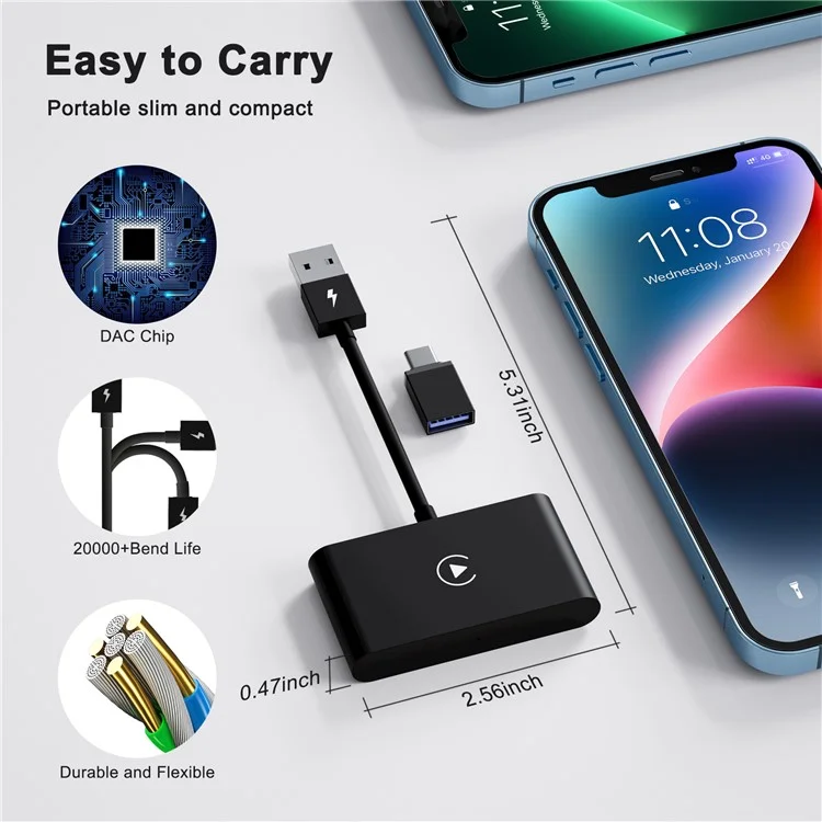 THT-020-2 Convertisseur sans fil CarPlay pour adaptateur CarPlay filaire Prise en charge de la mise à jour en ligne, Plug & Play - Noir 