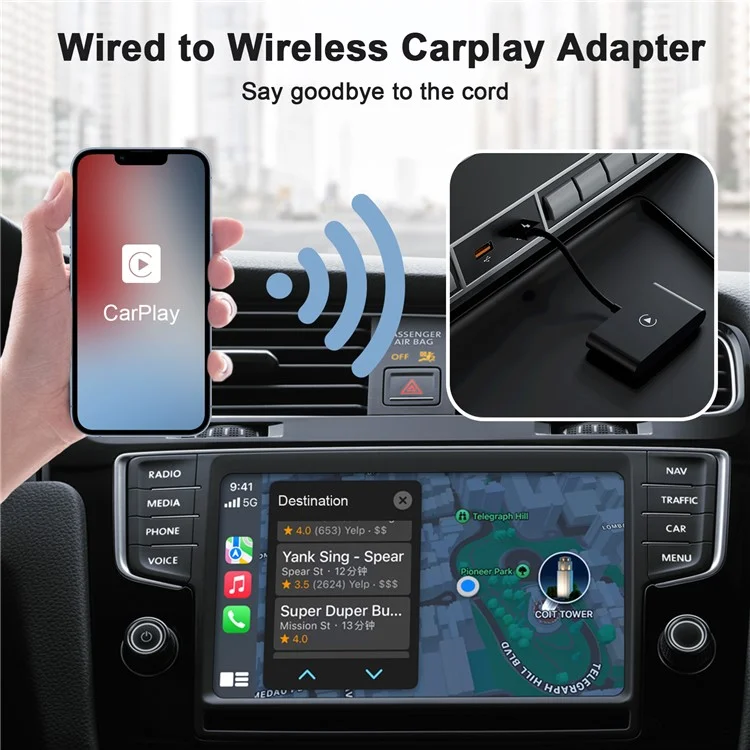THT-020-2 Convertisseur sans fil CarPlay pour adaptateur CarPlay filaire Prise en charge de la mise à jour en ligne, Plug & Play - Noir 