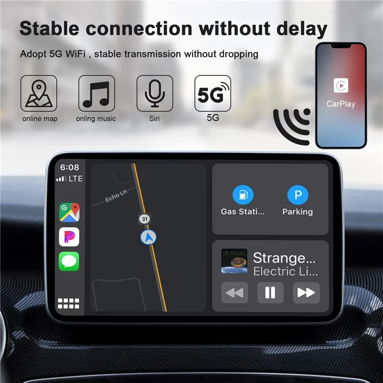 THT-020-2 iP Wireless CarPlay Converter Dongle for Wired CarPlay Car Adapter Support Online Update, Plug & Play - Black