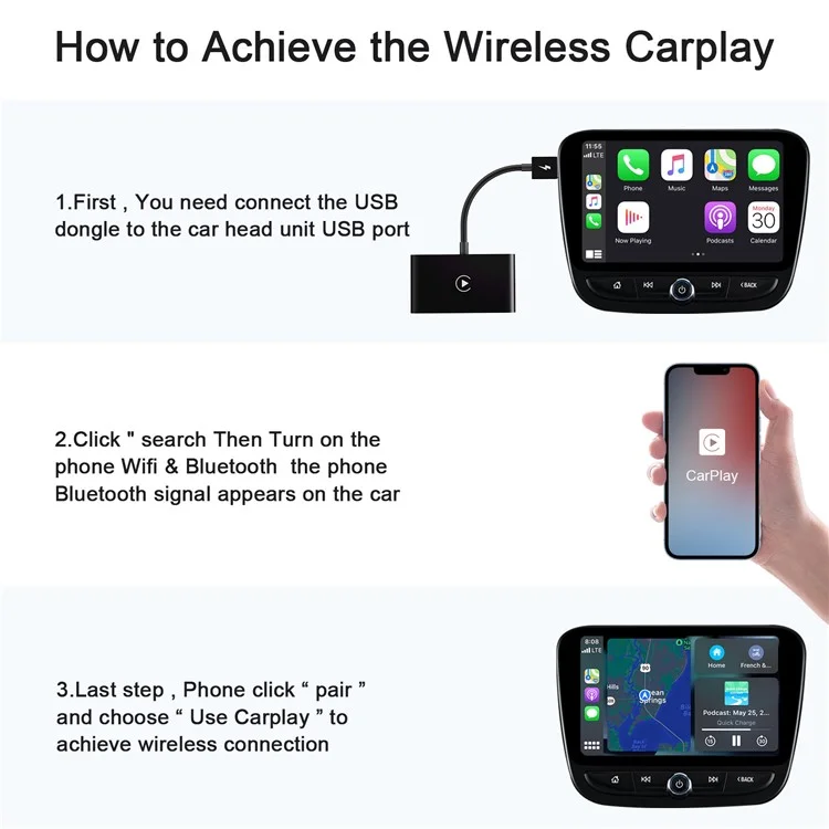 THT-020-2 Convertisseur sans fil CarPlay pour adaptateur CarPlay filaire Prise en charge de la mise à jour en ligne, Plug & Play - Noir 
