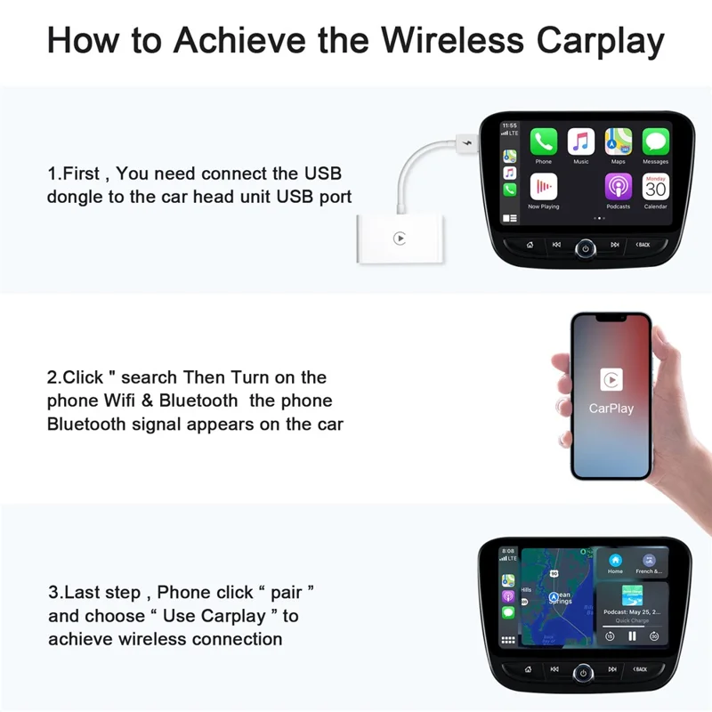 THT-020-2 iP Wireless CarPlay Converter Dongle for Wired CarPlay Car Adapter Support Online Update, Plug & Play - White