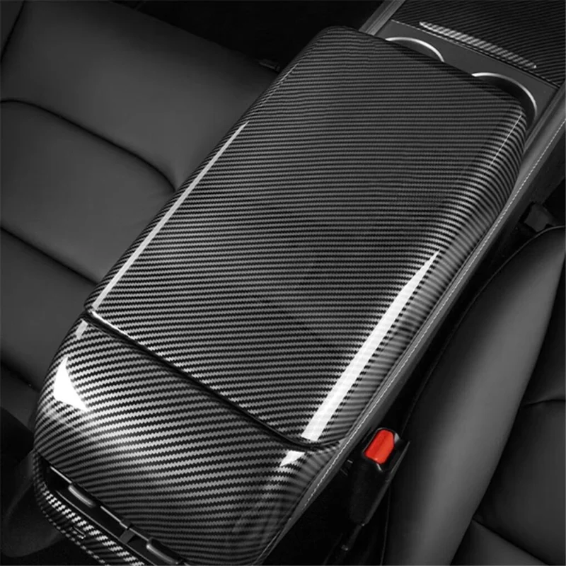 M30246 ABS Car Armrest Box Cover for Tesla Model 3 17-22 / Model Y 21-22 Central Control Armrest Interior Decor - Carbon Fiber