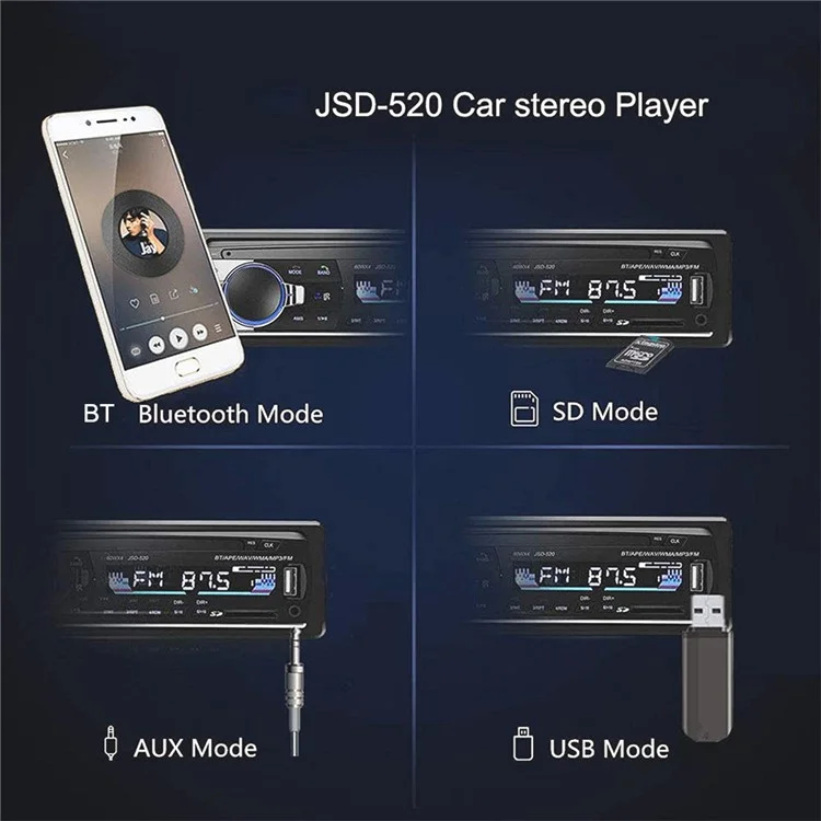 JSD-520 Car Bluetooth MP3 Player Display Digital FM Radio Car Audio Dispositivo de Áudio (versão do Cartão Tf)