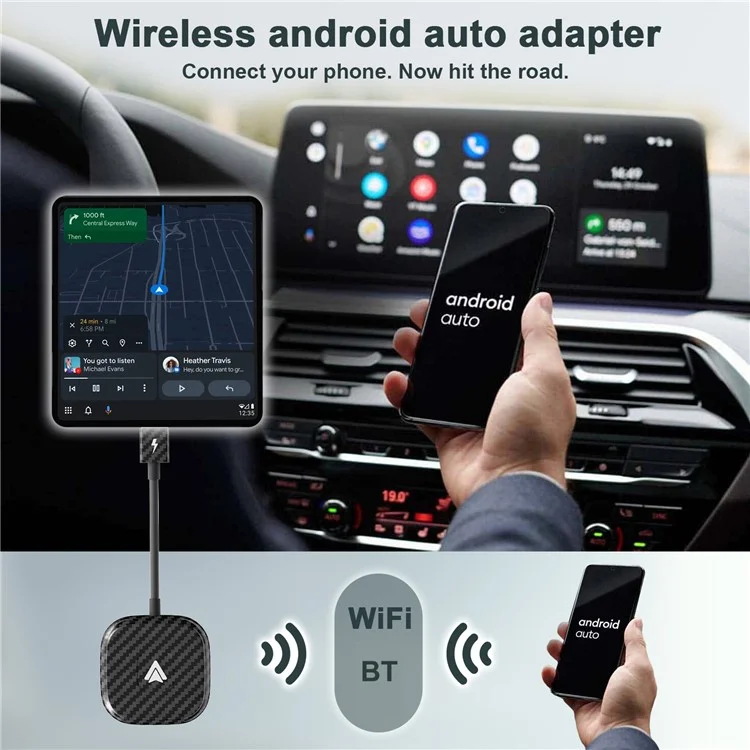 THT-020-4+ Wireless Car Player Adapter Wired to Wireless Android Auto Car Play Converter Support USB  /  Type-C Interface, Black