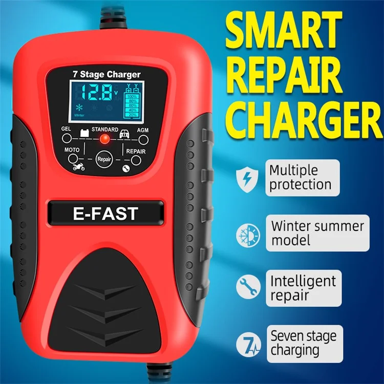E-FAST zyx-J20 12V 7A 7-Stage Battery Charger Car Motorcycle Lead-Acid Battery Charger Maintainer - Red / EU Plug