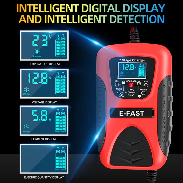 E-FAST zyx-J20 12V 7A 7-Stage Battery Charger Car Motorcycle Lead-Acid Battery Charger Maintainer - Red / EU Plug