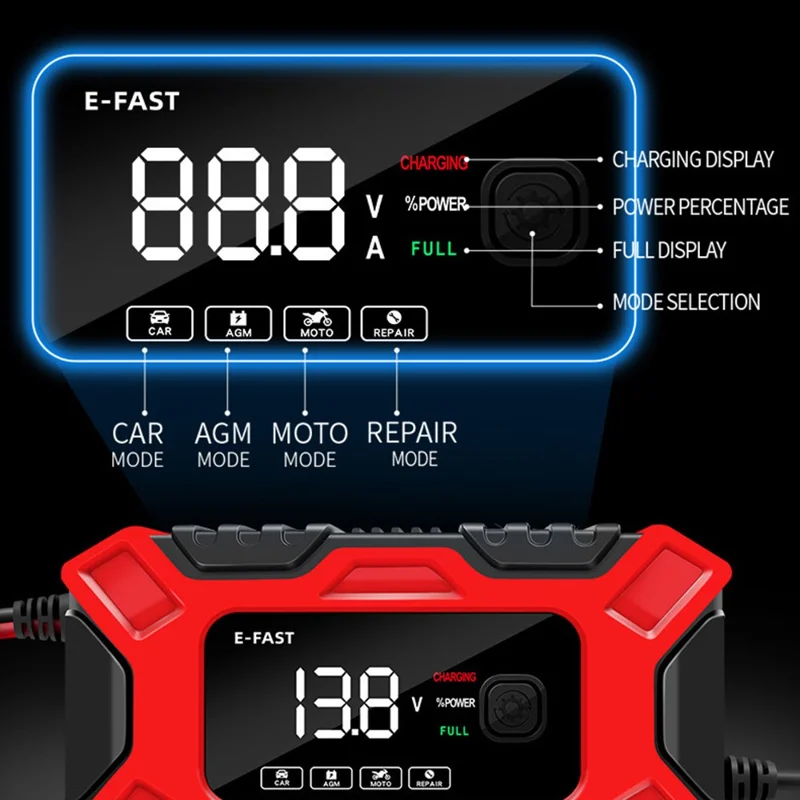 E-FAST TK300 12V Car Motorcycle Battery Charger Lead-Acid Battery Restore Charger - Red / EU Plug