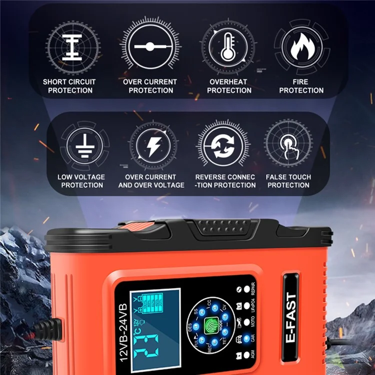 E-FAST TK500 12V / 24V 7-Stage Intelligent Battery Charger Car Truck Lead-Acid Battery Restore Charger - Yellow / EU Plug