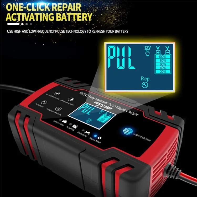 ANHTCZYX ZYX-J30 12V / 24V 3-Stage Smart Battery Charger Car Motorcycle Battery Restore Charger - Red / EU Plug