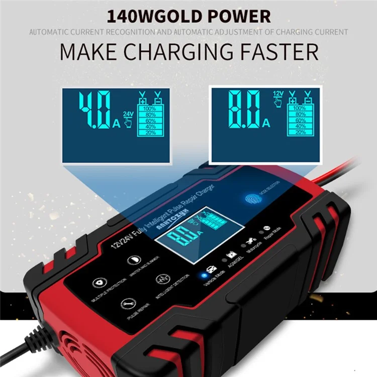ANHTCZYX ZYX-J30 12V / 24V 3-Stage Smart Battery Charger Car Motorcycle Battery Restore Charger - Red / EU Plug