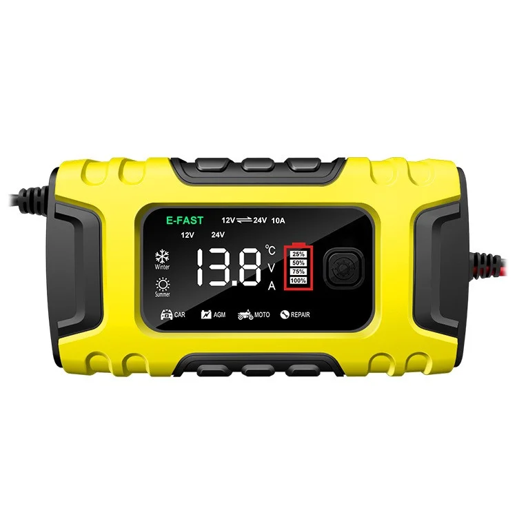 E-FAST TK-600 7-Stage Automatic Charger 12V / 24V Large Screen Car Battery Charger for Motorbikes, Trucks, etc. - Yellow / US Plug