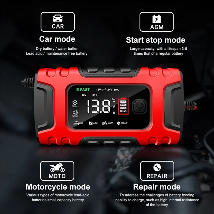 E-FAST TK-600 7-Stage Automatic Charger 12V / 24V Large Screen Car Battery Charger for Motorbikes, Trucks, etc. - Yellow / US Plug