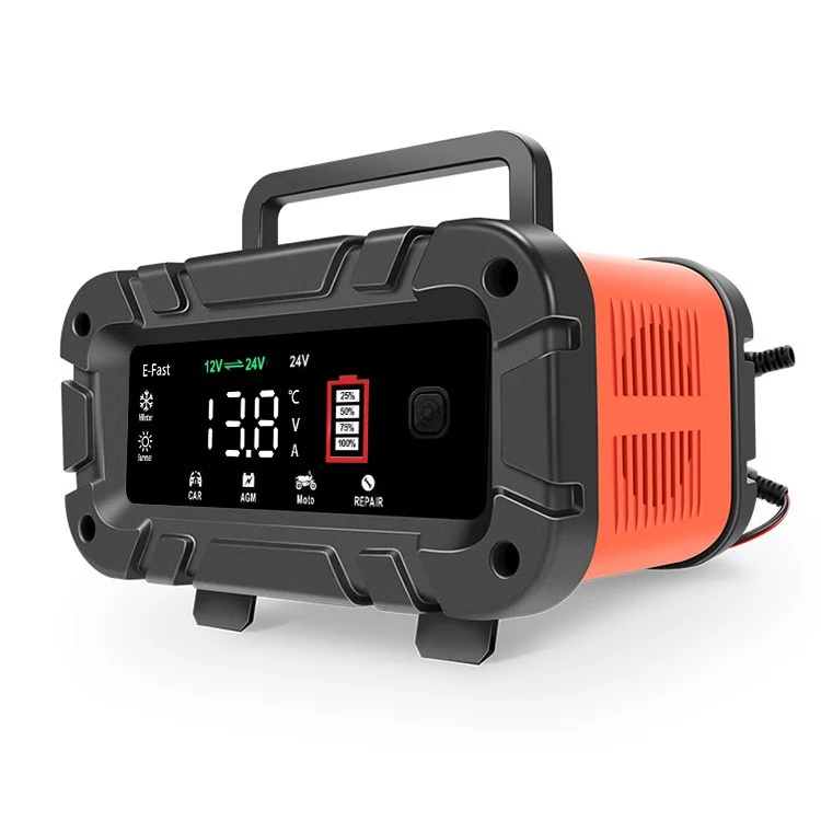 Cargador de Batería Motocicleta Coche E-FAST TK-700 de 7 Etapas 12V / 24V con Pantalla Grande Inteligente - Enchufe de EE. UU.