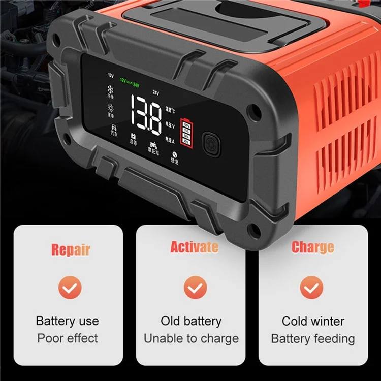 E-FAST TK-700 7-Stages 12V / 24V Motorcycle Car Battery Charger Large Screen Display Smart Battery Charger - EU Plug