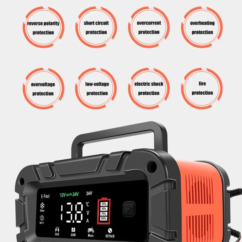 E-FAST TK-700 7-Stages 12V / 24V Motorcycle Car Battery Charger Large Screen Display Smart Battery Charger - EU Plug