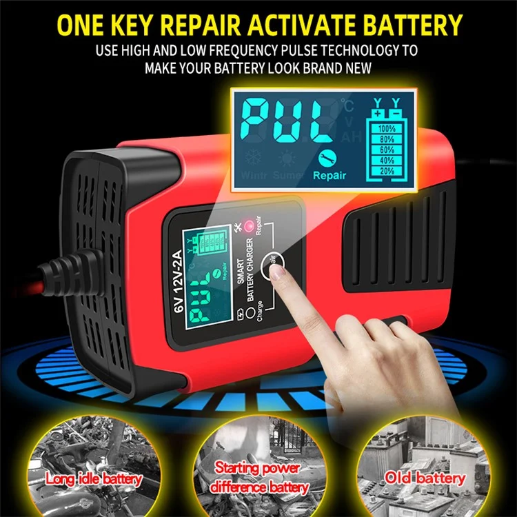 E-FAST ZYX-J99 6V / 12V Lead-Acid Battery Charger for Motorcycles, Tricycles Intelligent Repair Battery Charger - Red / US Plug