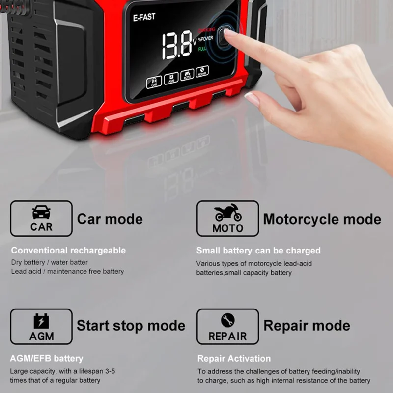 E-FAST TK-360 12V / 6A Car Full Automatic Battery Charger Maintainer Trickle Charger Battery Desulfator - US Plug