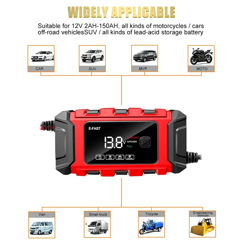 E-FAST TK-360 12V / 6A Car Full Automatic Battery Charger Maintainer Trickle Charger Battery Desulfator - US Plug
