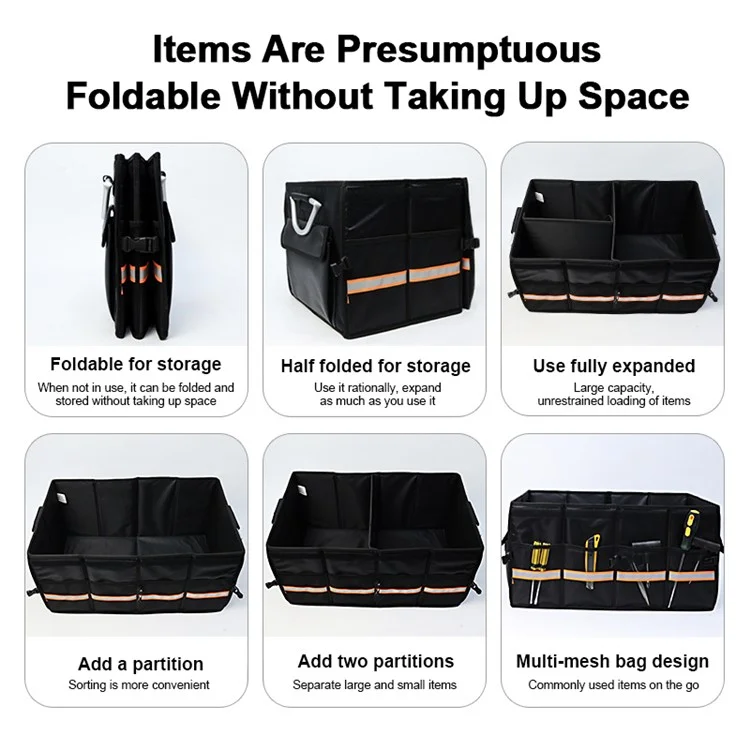 YH-4331 36L Reflective Outdoor Travel Trunk Organizer with Lid Folding Storage Case Car Trunk Box - Schwarz