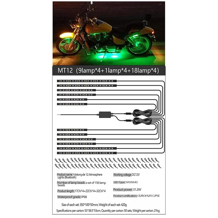 MT12 12-in-1 Motorbike Silicone Light Strip Bluetooth-compatible APP Control Motorcycle Decorative Atmosphere Light