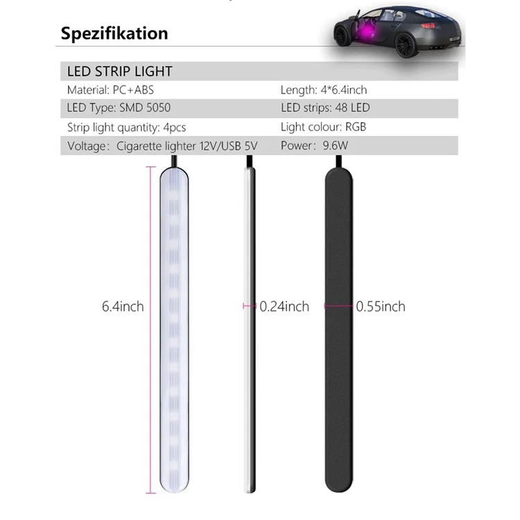 F11 Cigarette Lighter 12V Car RGB Ambient Light APP Control 48 LED Light Bar Strip with 2 Music Control Modes