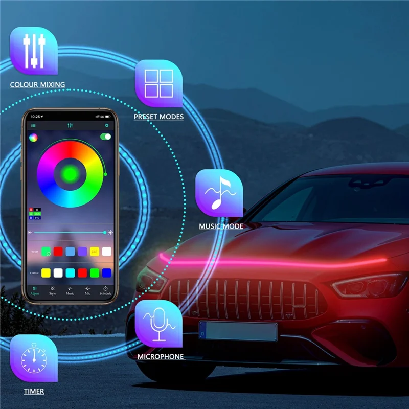 G15F Tiras LED de 1,5 m para capó de coche, luces exteriores, luces de guía del capó del motor de PVC, luz decorativa para coche y camión