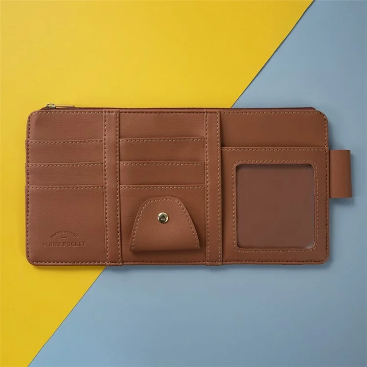 Car Sun Visor Zipper Pocket Storage Bag Microfiber Leather Cards Glasses Phone Holder Bag - Brown