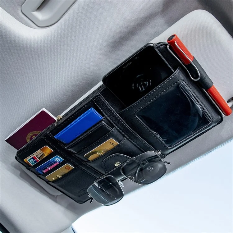 Car Sun Visor Zipper Pocket Storage Bag Microfiber Leather Cards Glasses Phone Holder Bag - Brown