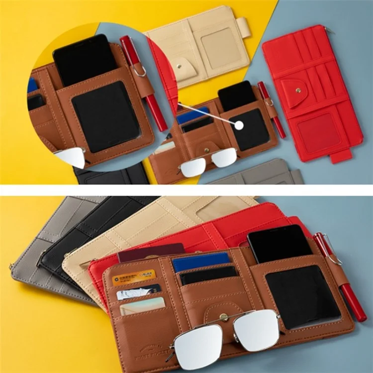 Car Sun Visor Zipper Pocket Storage Bag Microfiber Leather Cards Glasses Phone Holder Bag - Brown