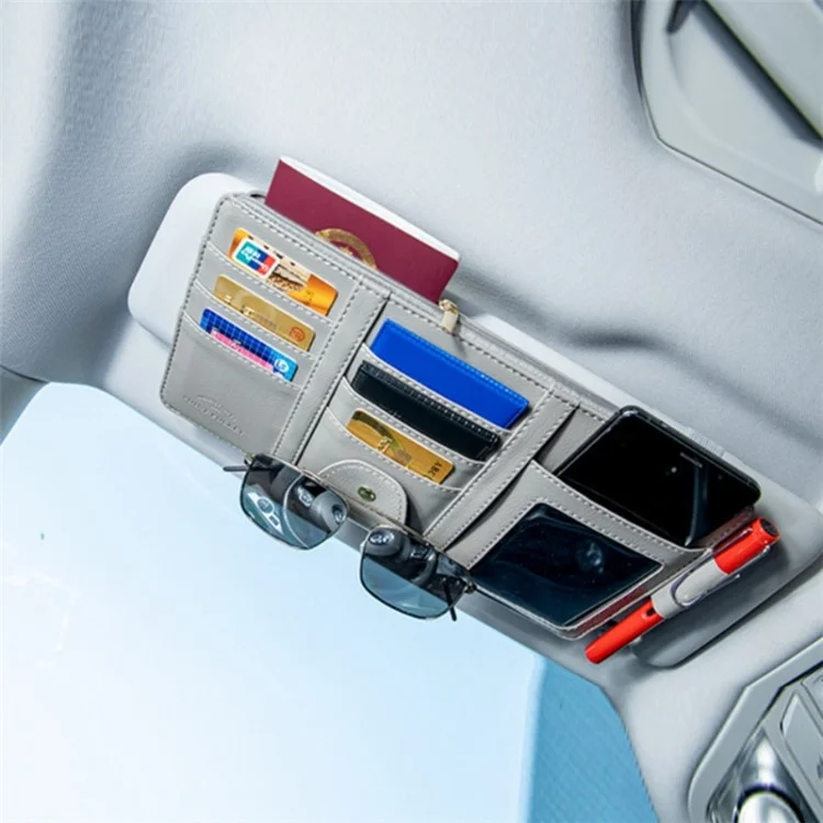 Car Sun Visor Zipper Pocket Storage Bag Microfiber Leather Cards Glasses Phone Holder Bag - Brown