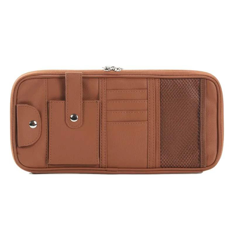 Car Sunshade Storage Bag Multi-Pockets Sunglasses Cards Pen Organizer Microfiber Leather Pouch - Brown