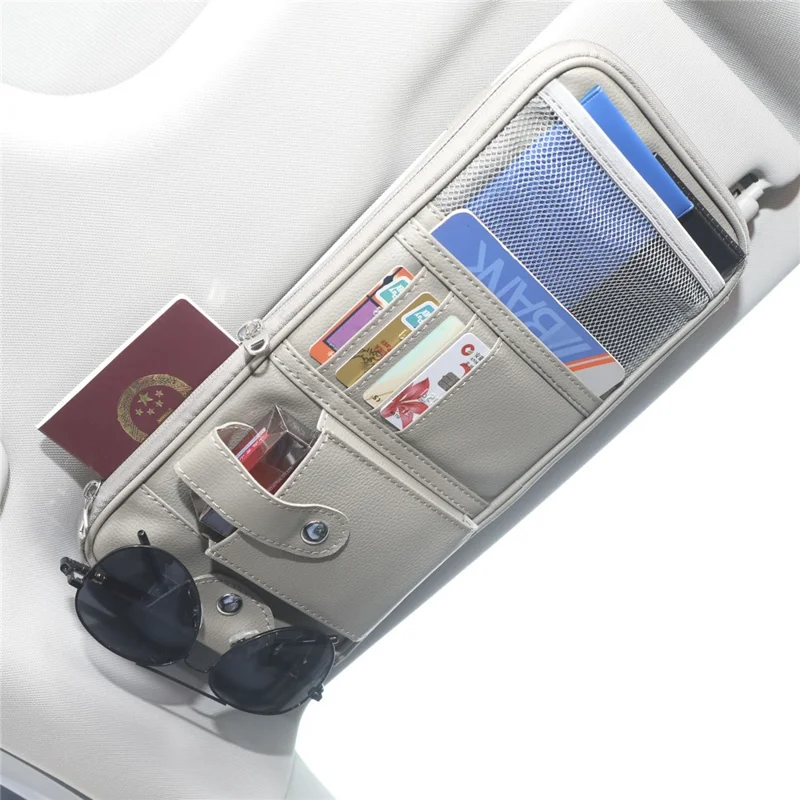 Car Sunshade Storage Bag Multi-Pockets Sunglasses Cards Pen Organizer Microfiber Leather Pouch - Grey