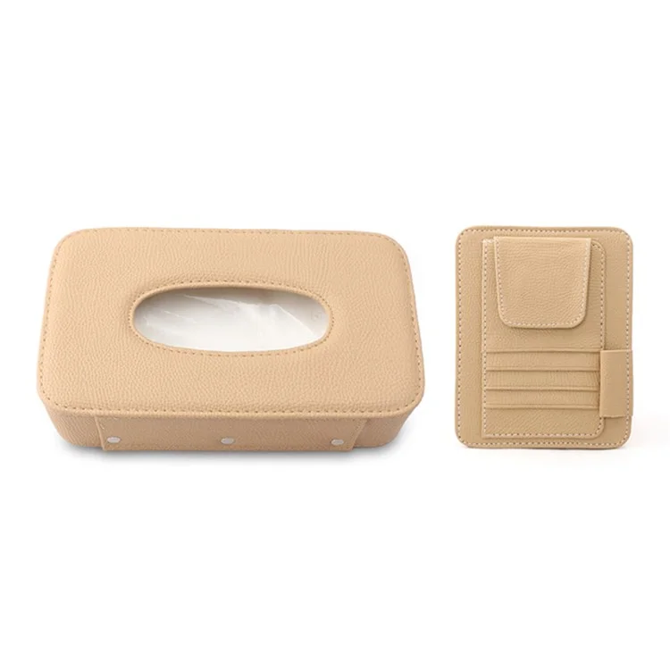 Automotiv-Innenraum-Litschistruktur-PU-Leder-Sonnenblende-Taschentuchbox-Kartenklemme-Set - Beige