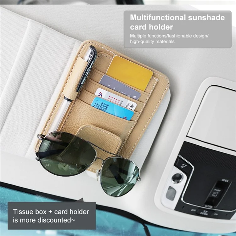 Automotiv-Innenraum-Litschistruktur-PU-Leder-Sonnenblende-Taschentuchbox-Kartenklemme-Set - Beige