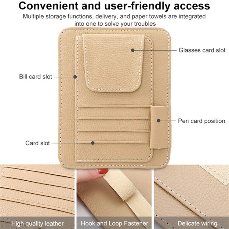 Automotiv-Innenraum-Litschistruktur-PU-Leder-Sonnenblende-Taschentuchbox-Kartenklemme-Set - Beige