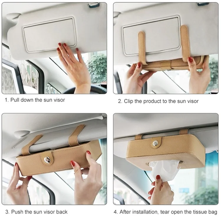 Automotiv-Innenraum-Litschistruktur-PU-Leder-Sonnenblende-Taschentuchbox-Kartenklemme-Set - Beige