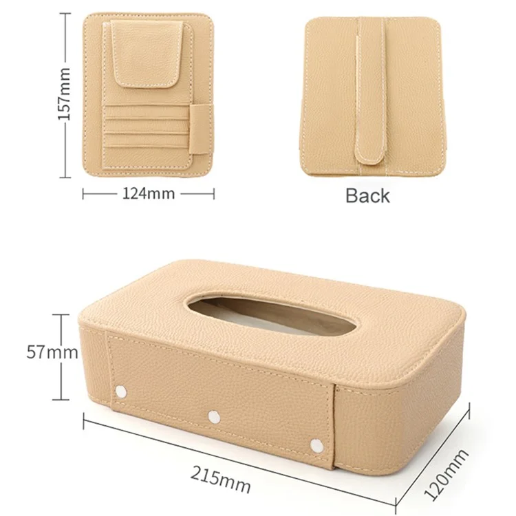 Automotiv-Innenraum-Litschistruktur-PU-Leder-Sonnenblende-Taschentuchbox-Kartenklemme-Set - Beige