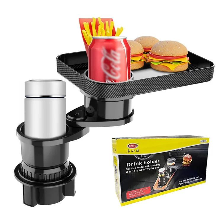 CARFU AC-2387 Suporte para Copos de Carro com Ajuste de 360 Graus e Bandeja para Alimentos