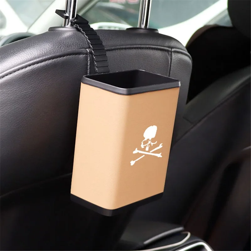 ABS Plastic + Leather Car Trash Bin Hanging Can for Back Seat Headrest Garbage Storage Box - Brown