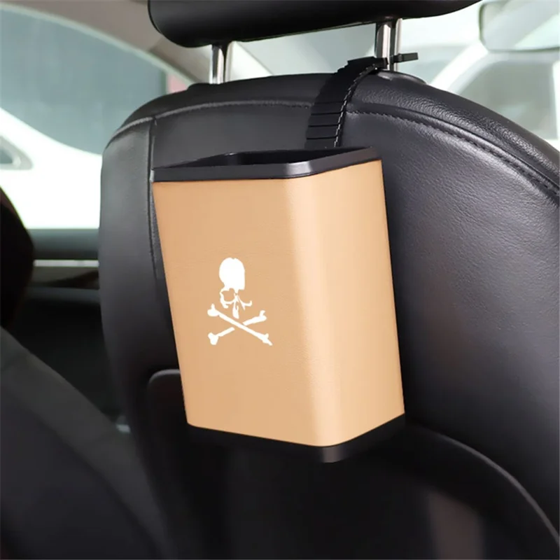 ABS Plastic + Leather Car Trash Bin Hanging Can for Back Seat Headrest Garbage Storage Box - Brown