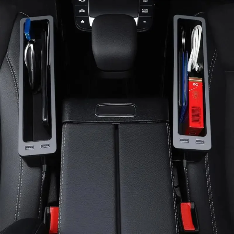 Metal+ABS Car Seat Gap Organizer with Dual USB Ports Slit Filler Storage Box - Driver Side / Silver